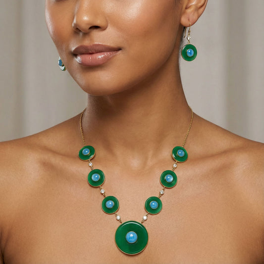 18K Gold Plated Green Onyx, Turquoise & Zircon Necklace Earrings Set TT01021