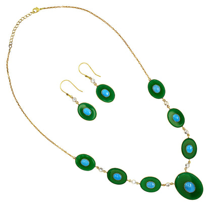 18K Gold Plated Green Onyx, Turquoise & Zircon Necklace Earrings Set TT01022