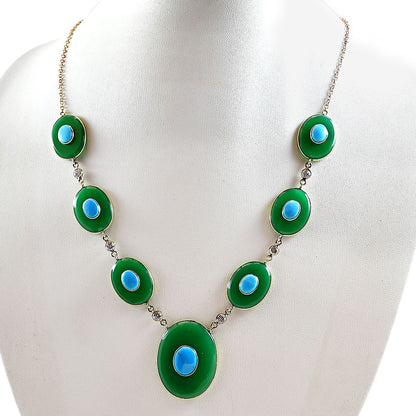 18K Gold Plated Green Onyx, Turquoise & Zircon Necklace Earrings Set TT01022