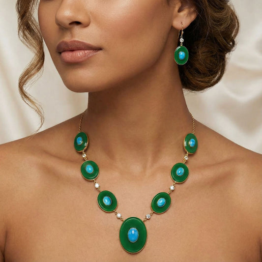 18K Gold Plated Green Onyx, Turquoise & Zircon Necklace Earrings Set TT01022
