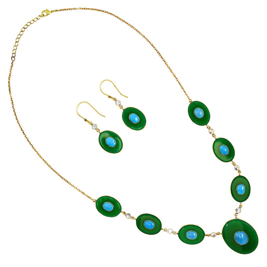 18K Gold Over Brass Green Onyx, Turquoise & Zircon Necklace Earrings Set TT01023