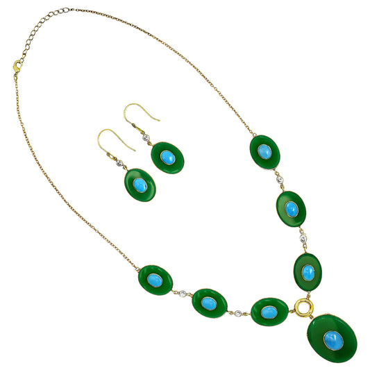18K Gold Plated Green Onyx, Turquoise & Zircon Necklace Earrings Set TT01023