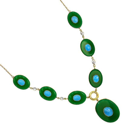 18K Gold Plated Green Onyx, Turquoise & Zircon Necklace Earrings Set TT01023