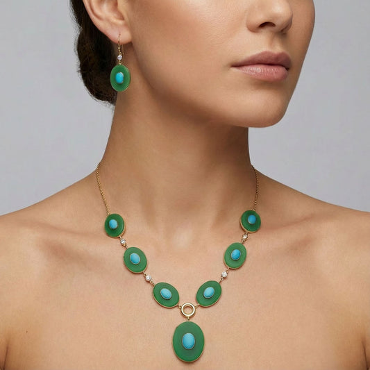 18K Gold Plated Green Onyx, Turquoise & Zircon Necklace Earrings Set TT01023
