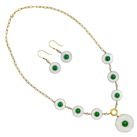 18K Gold Over Brass Mother Of Pearl, Green Onyx & Zircon Necklace Earrings Set TT01024