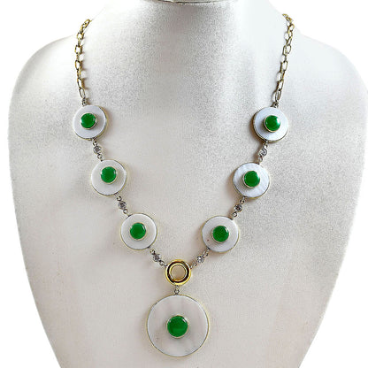 18K Gold Plated Mother Of Pearl, Green Onyx & Zircon Necklace Earrings Set TT01024