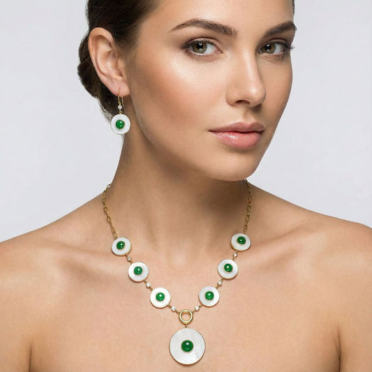 18K Gold Plated Mother Of Pearl, Green Onyx & Zircon Necklace Earrings Set TT01024