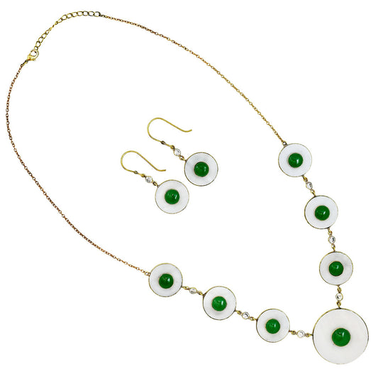 18K Gold Over Brass Mother Of Pearl, Green Onyx & Zircon Necklace Earrings Set TT01025