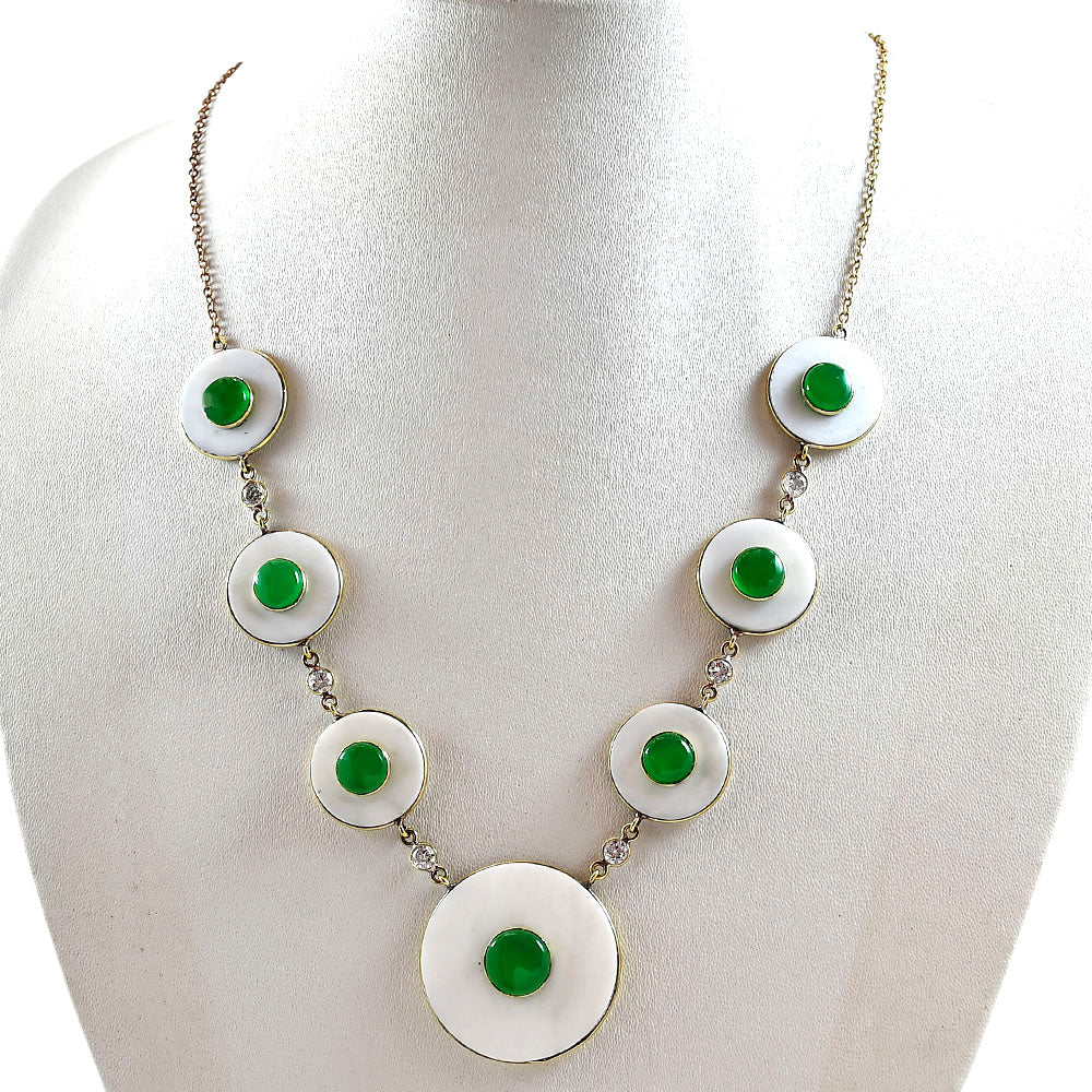 18K Gold Plated Mother Of Pearl, Green Onyx & Zircon Necklace Earrings Set TT01025