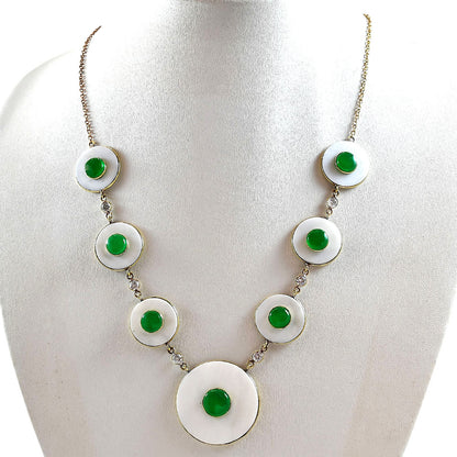 18K Gold Plated Mother Of Pearl, Green Onyx & Zircon Necklace Earrings Set TT01025