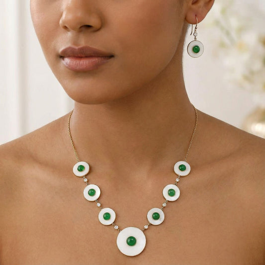 18K Gold Plated Mother Of Pearl, Green Onyx & Zircon Necklace Earrings Set TT01025
