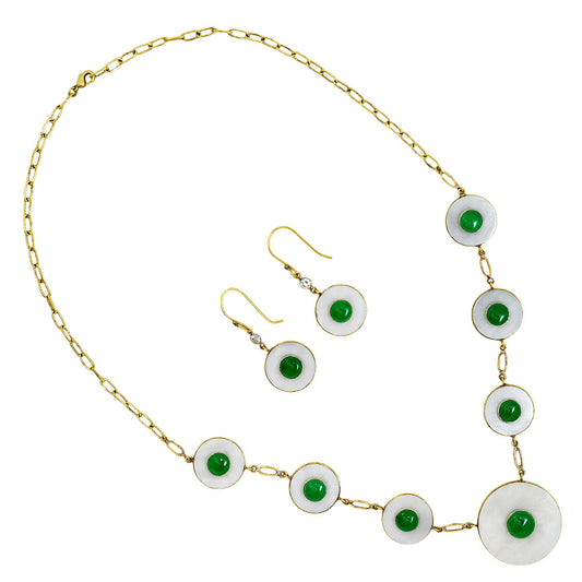 18K Gold Over Brass Mother Of Pearl and Green Onyx Necklace Earrings Set TT01026