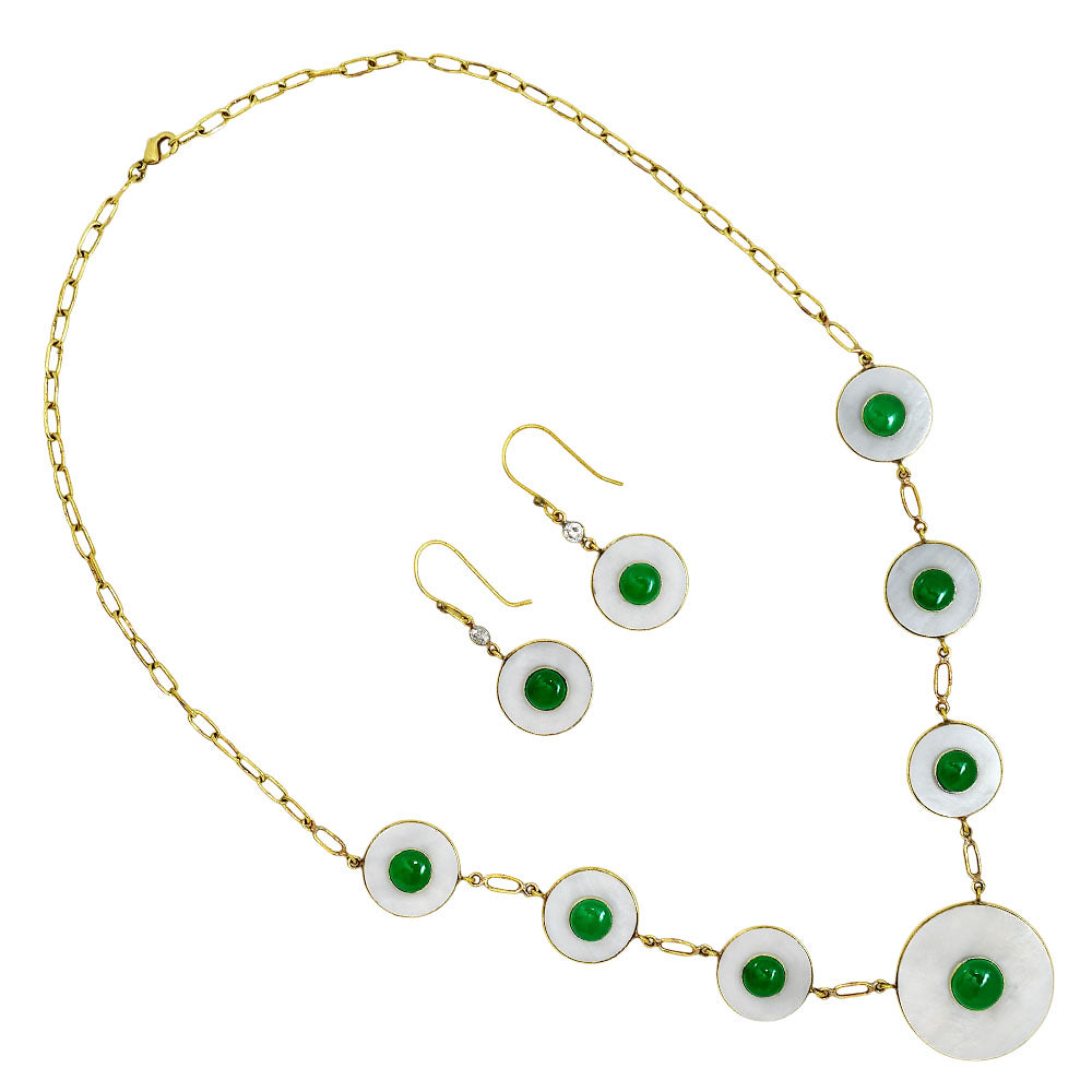 18K Gold Plated Mother Of Pearl and Green Onyx Necklace Earrings Set TT01026