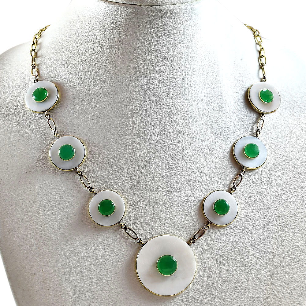 18K Gold Plated Mother Of Pearl and Green Onyx Necklace Earrings Set TT01026
