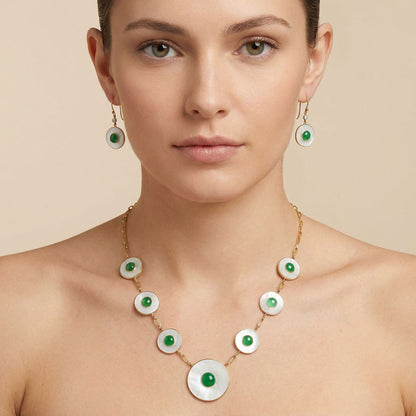 18K Gold Plated Mother Of Pearl and Green Onyx Necklace Earrings Set TT01026