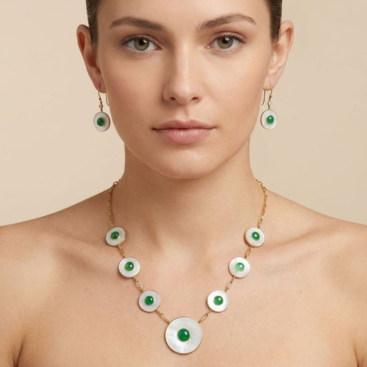 18K Gold Plated Mother Of Pearl and Green Onyx Necklace Earrings Set TT01026