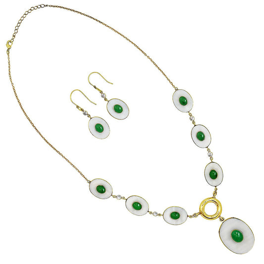 18K Gold Over Brass Mother Of Pearl, Green Onyx & Zircon Necklace Earrings Set TT01027