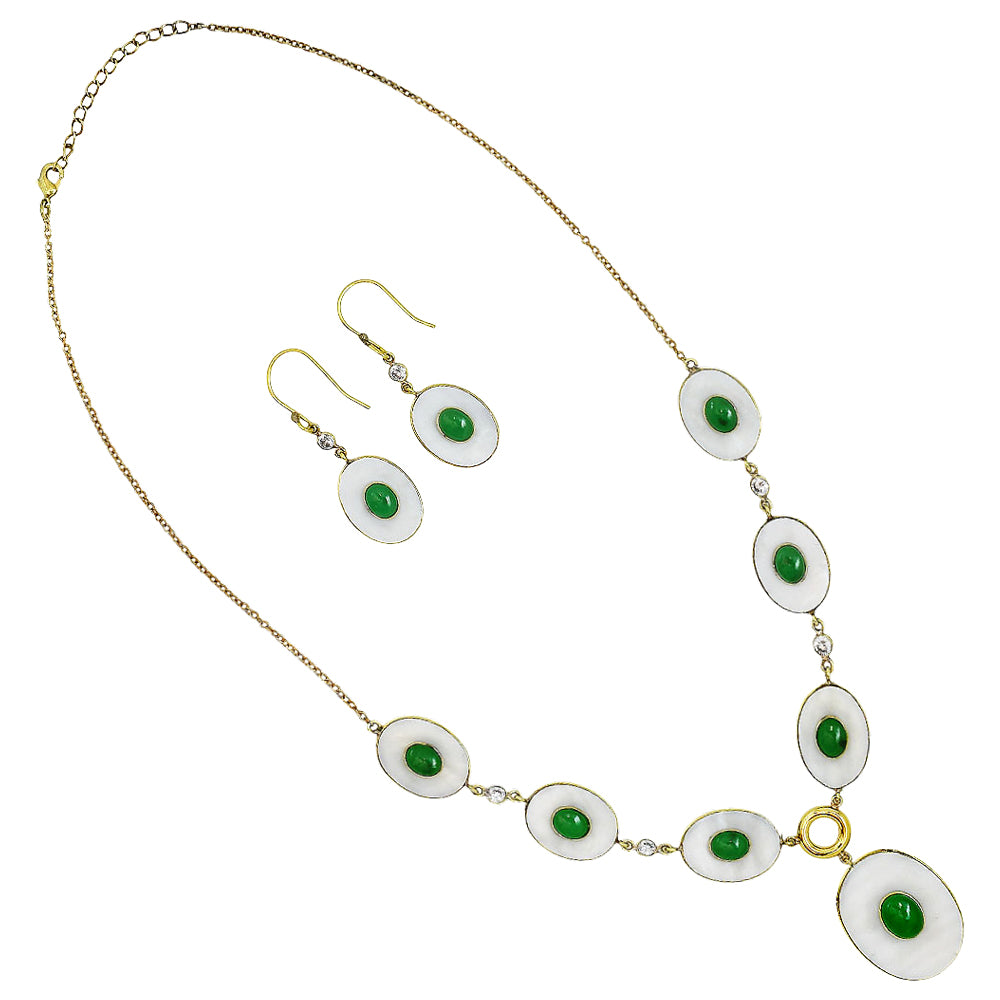 18K Gold Plated Mother Of Pearl, Green Onyx & Zircon Necklace Earrings Set TT01027