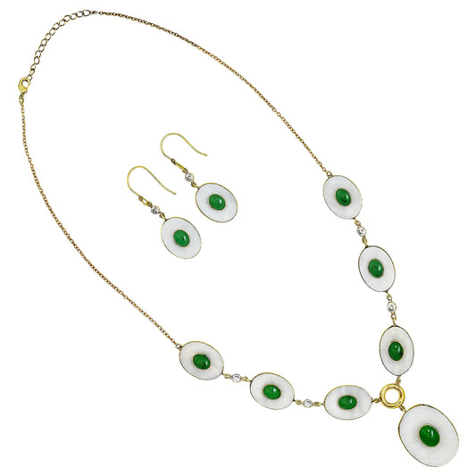 18K Gold Plated Mother Of Pearl, Green Onyx & Zircon Necklace Earrings Set TT01027