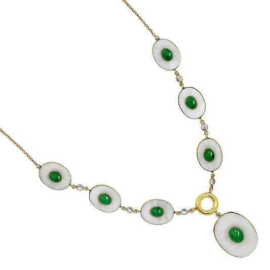 18K Gold Over Brass Mother Of Pearl, Green Onyx & Zircon Necklace Earrings Set TT01027