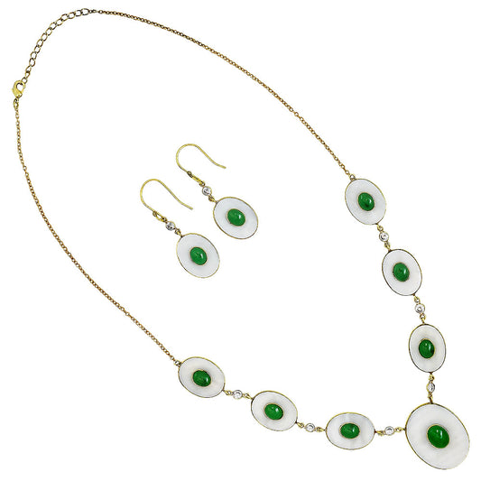 18K Gold Over Brass Mother Of Pearl, Green Onyx & Zircon Necklace Earrings Set TT01028