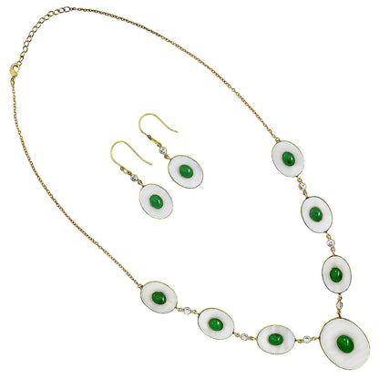 18K Gold Plated Mother Of Pearl, Green Onyx & Zircon Necklace Earrings Set TT01028