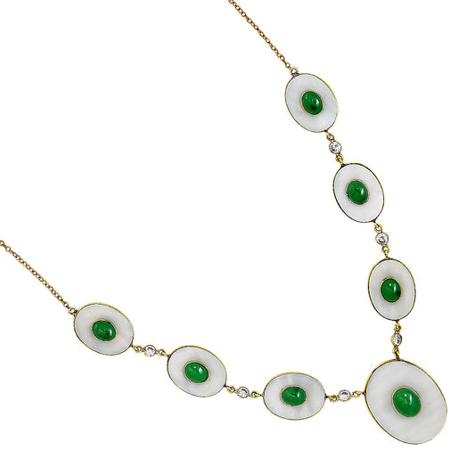 18K Gold Over Brass Mother Of Pearl, Green Onyx & Zircon Necklace Earrings Set TT01028