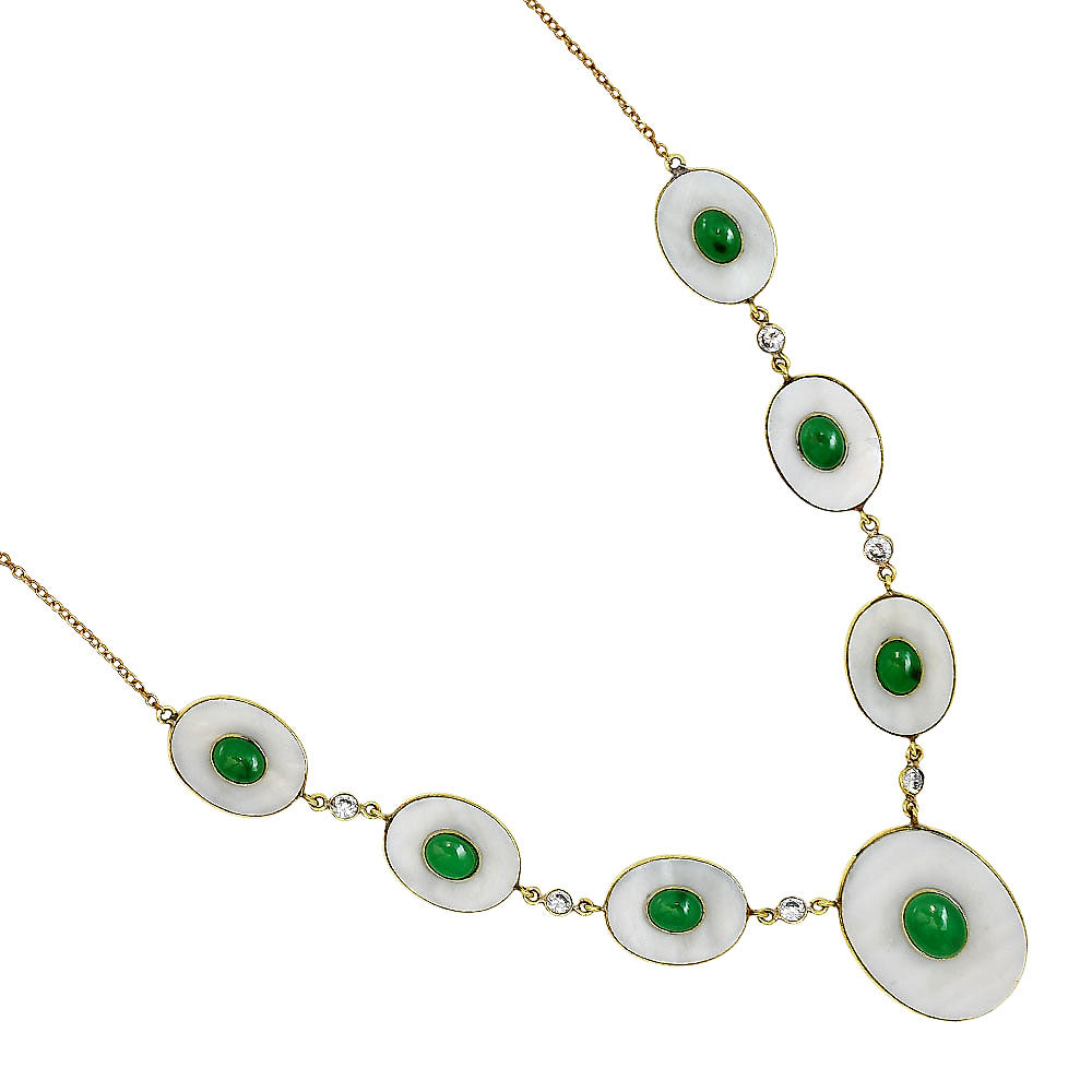 18K Gold Plated Mother Of Pearl, Green Onyx & Zircon Necklace Earrings Set TT01028