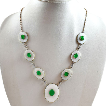 18K Gold Plated Mother Of Pearl, Green Onyx & Zircon Necklace Earrings Set TT01028