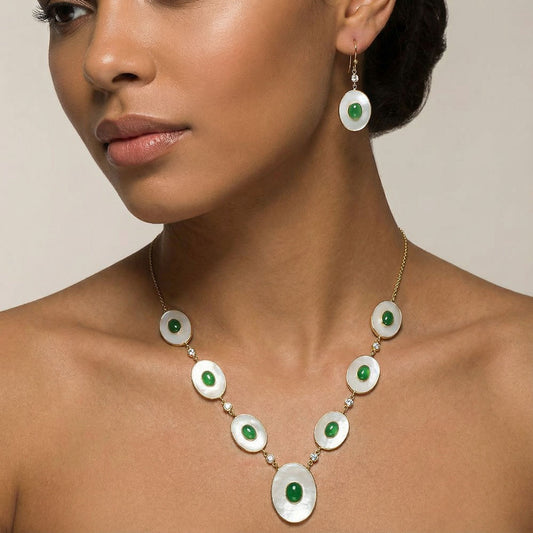 18K Gold Plated Mother Of Pearl, Green Onyx & Zircon Necklace Earrings Set TT01028