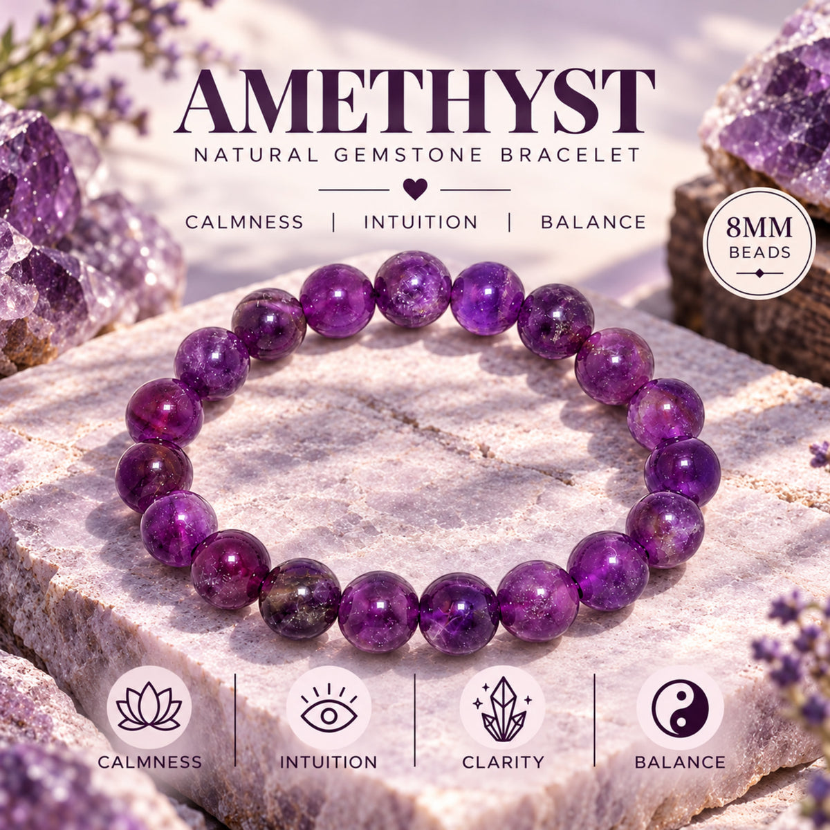Natural African Amethyst Unisex Bracelet for Calm, Clarity & Spiritual Healing UBB1003_A