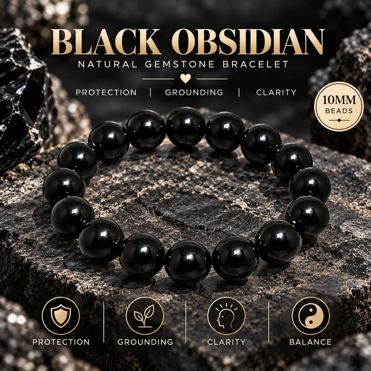 Natural Black Obsidian Unisex Bracelet for Protection, Grounding & Healing UBB1009_A