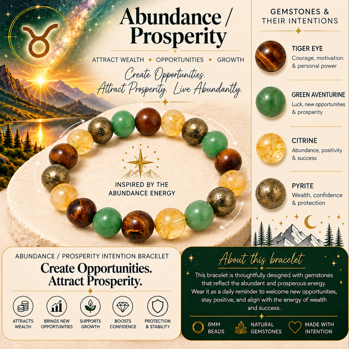 Natural Tiger Eye, Green Aventurine & Pyrite Unisex Bracelet for Prosperity UBB1011_A