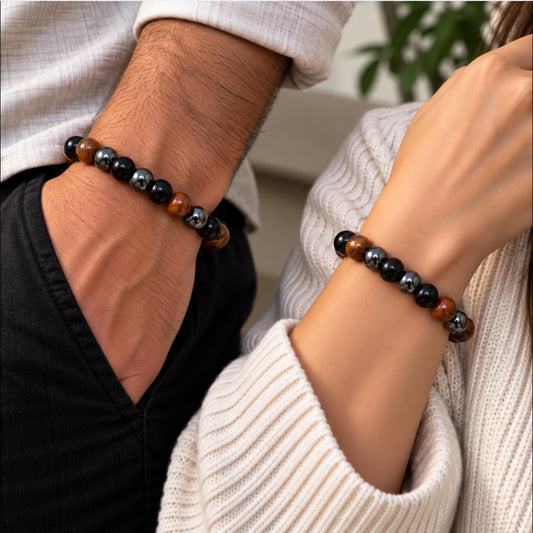 Natural Black Onyx Hematite & Tiger Eye Unisex Bracelet for Protection/Grounding UBB1012_A