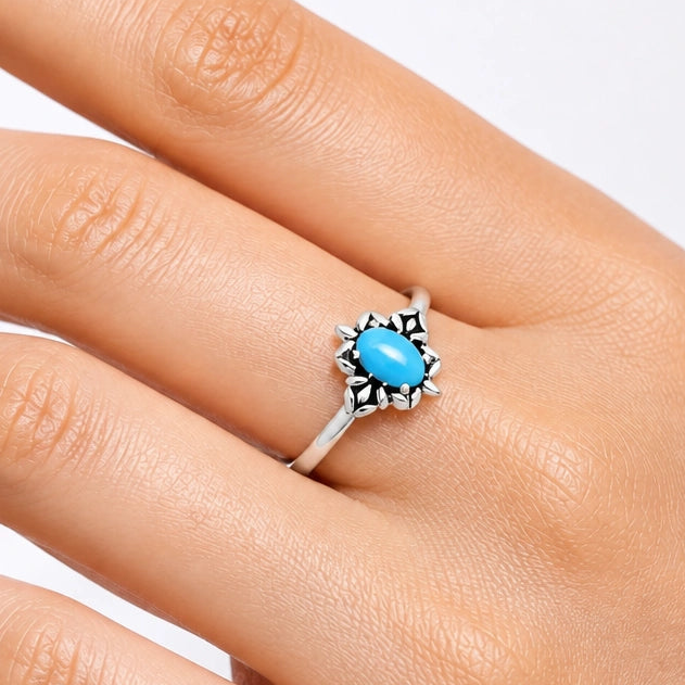 925 Sterling Silver Flower Ring with Gemstone - Vintage Boho Jewelry AGR1013 R-1721