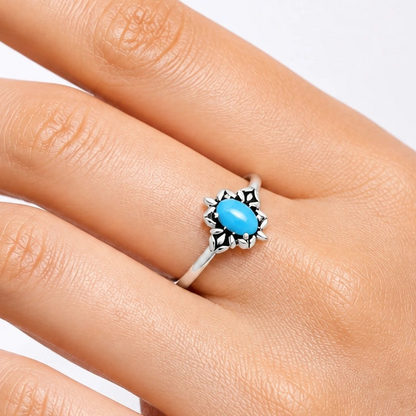 925 Sterling Silver Flower Ring with Gemstone - Vintage Boho Jewelry AGR1013 R-1721
