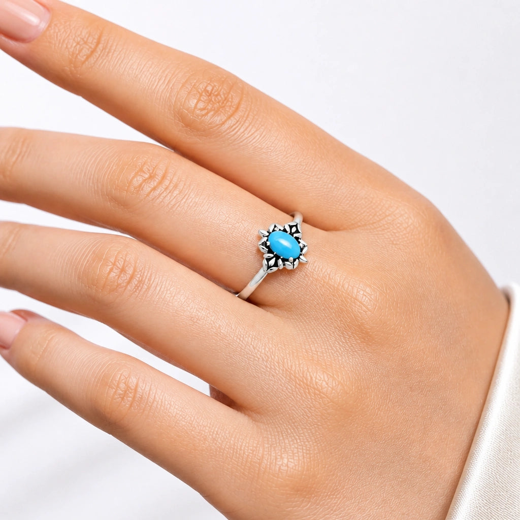 925 Sterling Silver Flower Ring with Gemstone - Vintage Boho Jewelry AGR1013 R-1721