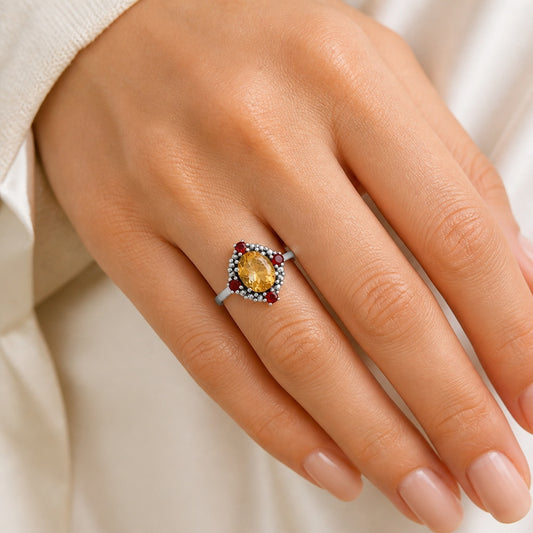 925 Sterling Silver Gemstone Ring with Garnet Accents Vintage Style AGR1016 R-1017