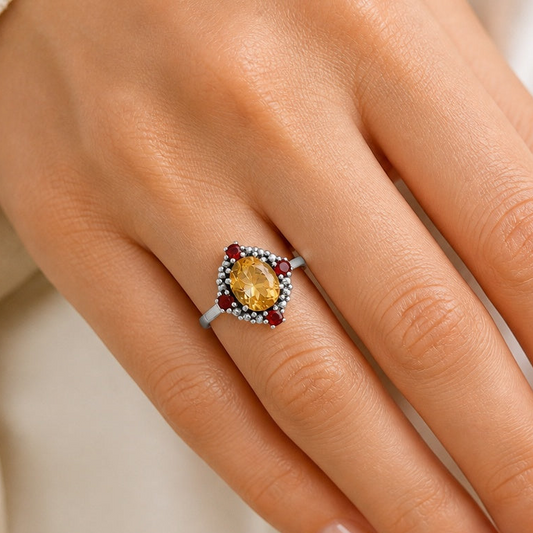 925 Sterling Silver Gemstone Ring with Garnet Accents Vintage Style AGR1016 R-1017