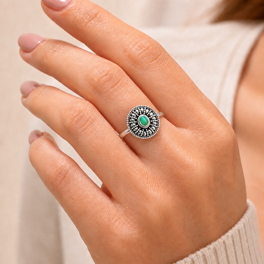 925 Silver Boho Round Ring with Natural Gemstone - Retro Beaded Design AGR1019 R-1691