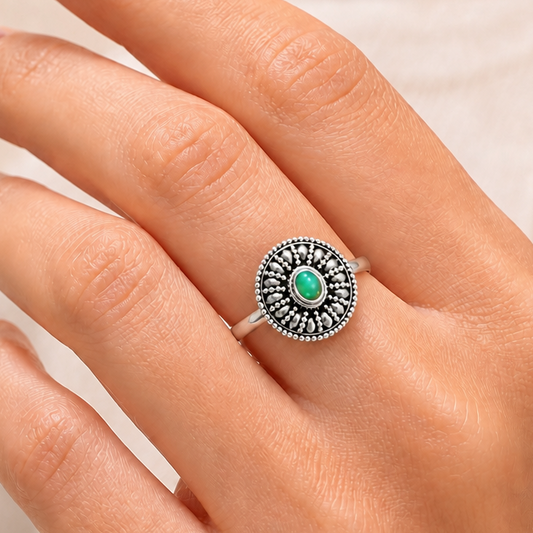 925 Silver Boho Round Ring with Natural Gemstone - Retro Beaded Design AGR1019 R-1691