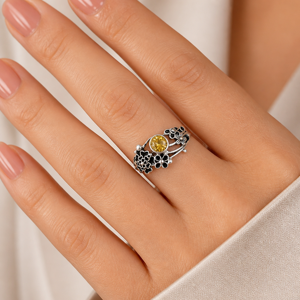 925 Sterling Silver Floral Ring with Natural Gemstone Boho Vintage Style AGR1014 R-1041