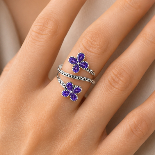 Double Flower Natural Cut Gemstone 925 Sterling Silver Adjustable Ring AGR1030 R-1736