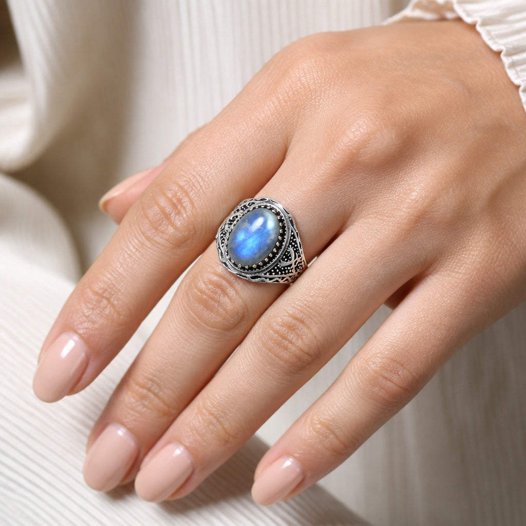 Artisan Unisex Oval Gemstone Statement Ring 925 Sterling Silver Vintage AGR1035 R-1738