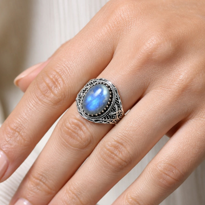 Artisan Unisex Oval Gemstone Statement Ring 925 Sterling Silver Vintage AGR1035 R-1738