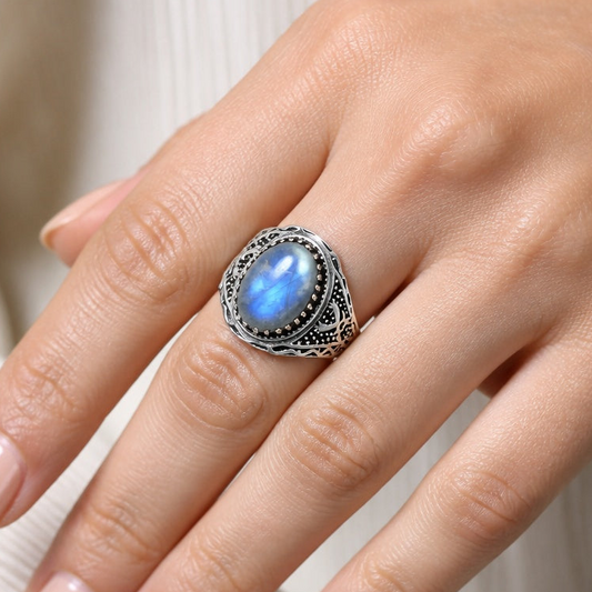 Artisan Unisex Oval Gemstone Statement Ring 925 Sterling Silver Vintage AGR1035 R-1738