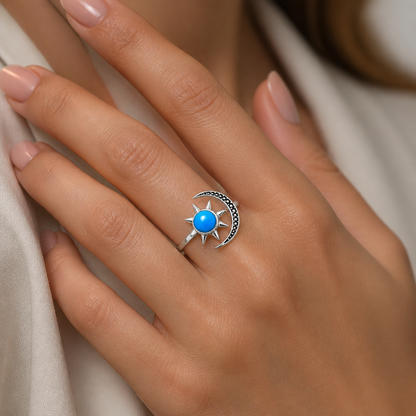 Sun and Moon Gemstone Adjustable Ring 925 Sterling Silver Celestial AGR1038 R-1015