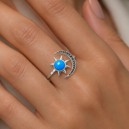 Sun and Moon Gemstone Adjustable Ring 925 Sterling Silver Celestial AGR1038 R-1015