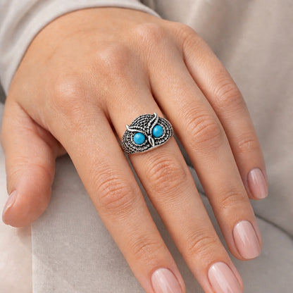 Unique Owl Face Ring in 925 Silver with Gemstone Eyes | Boho Style AGR1021 R-1022