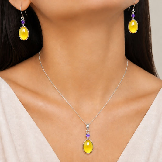 Premium Quality Citrine Cab & Amethyst Pendant Earrings Set T-1010 12-ET10006
